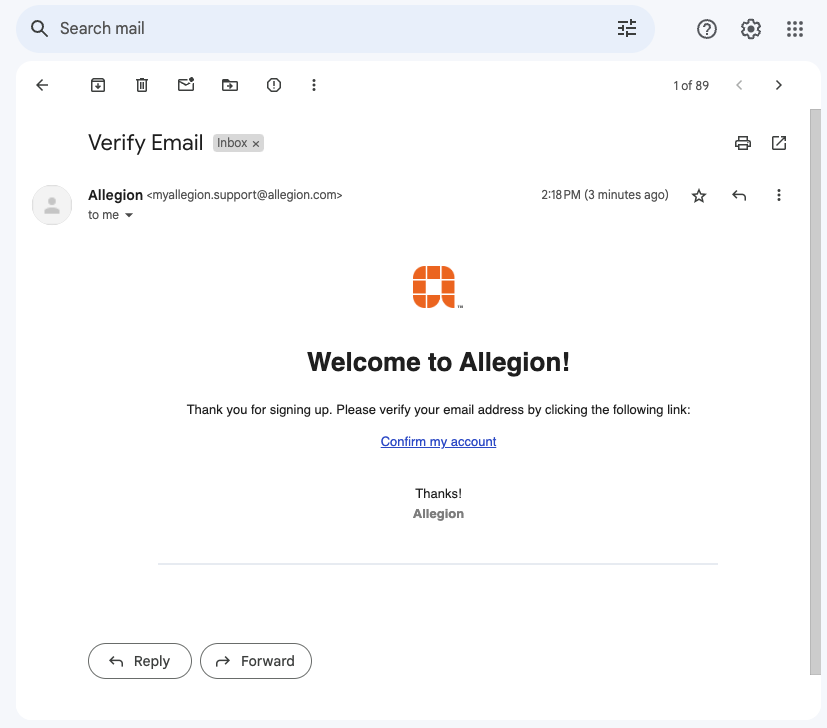 Allegion Developer Portal Verification Email