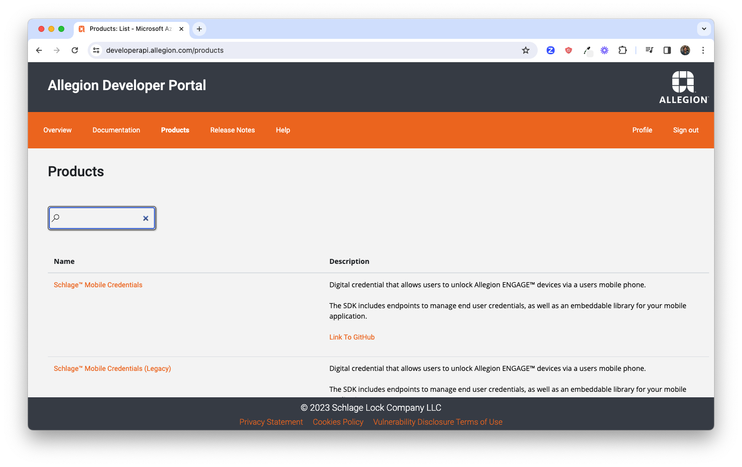 Allegion Developer Portal products list