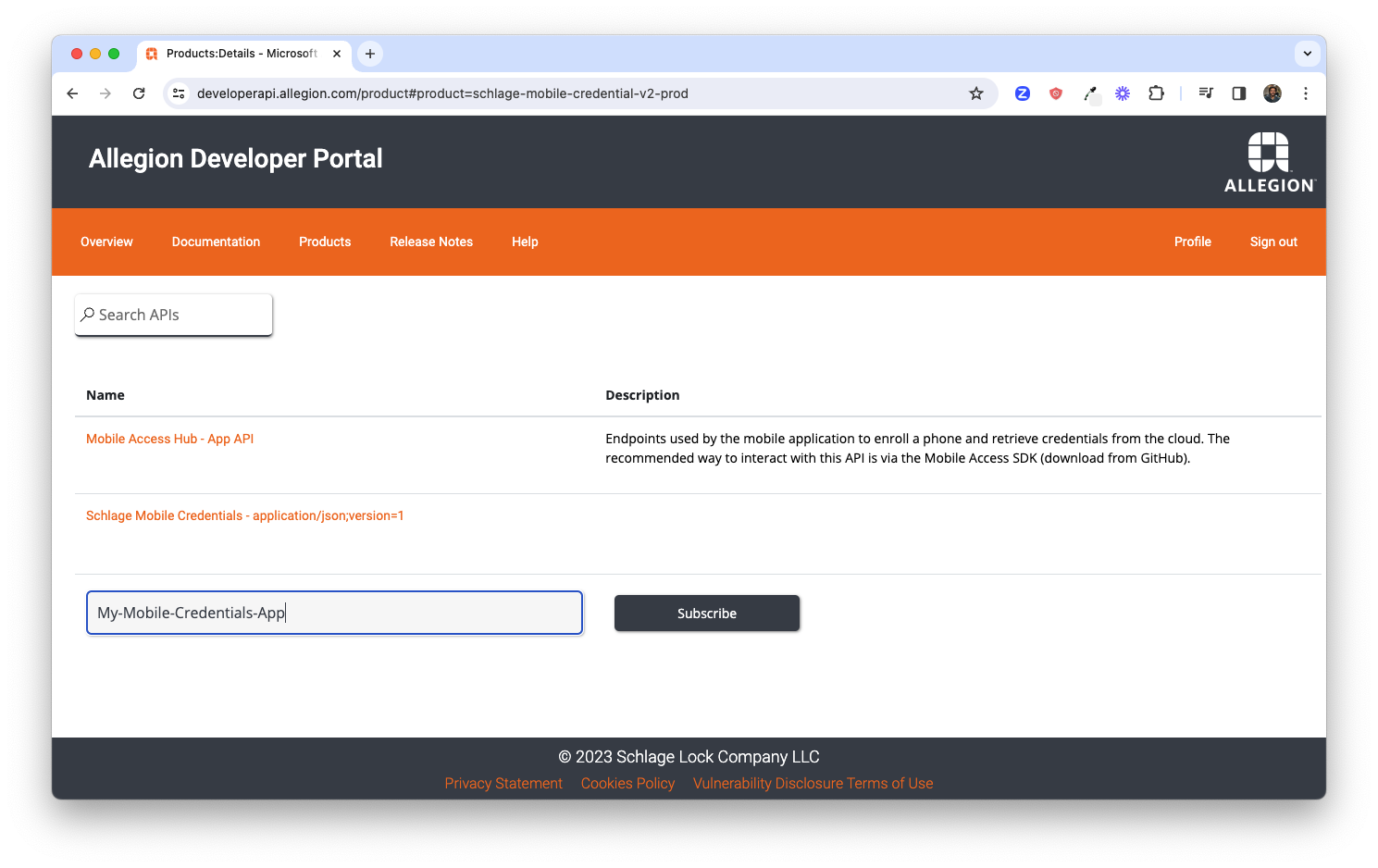 Allegion Developer Portal MC Product - Create Subscription