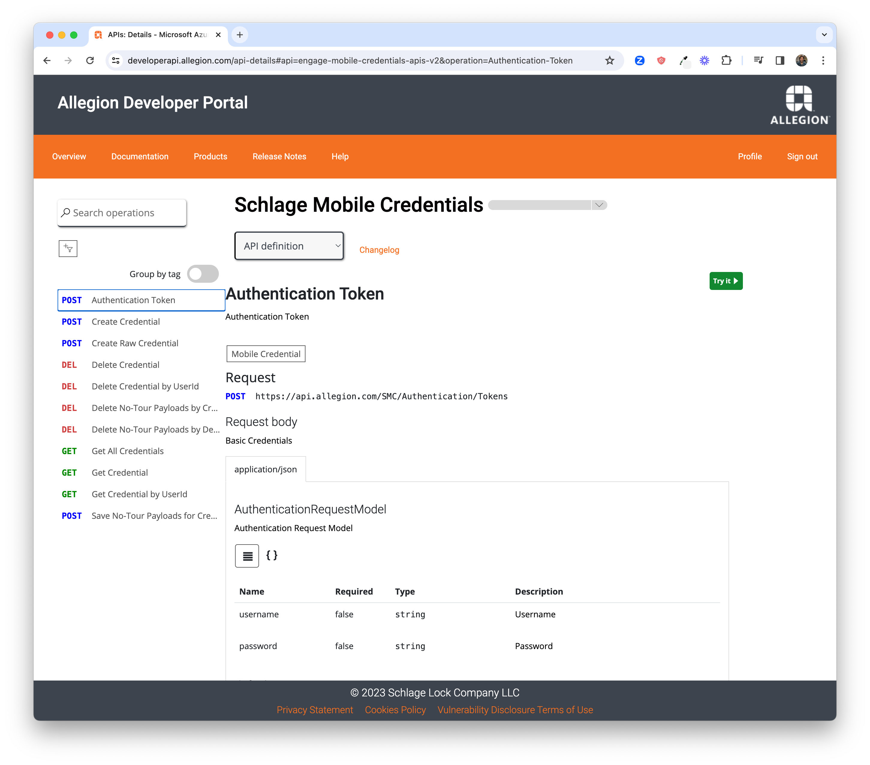 Schlage Mobile Credential Authentication Token API Request