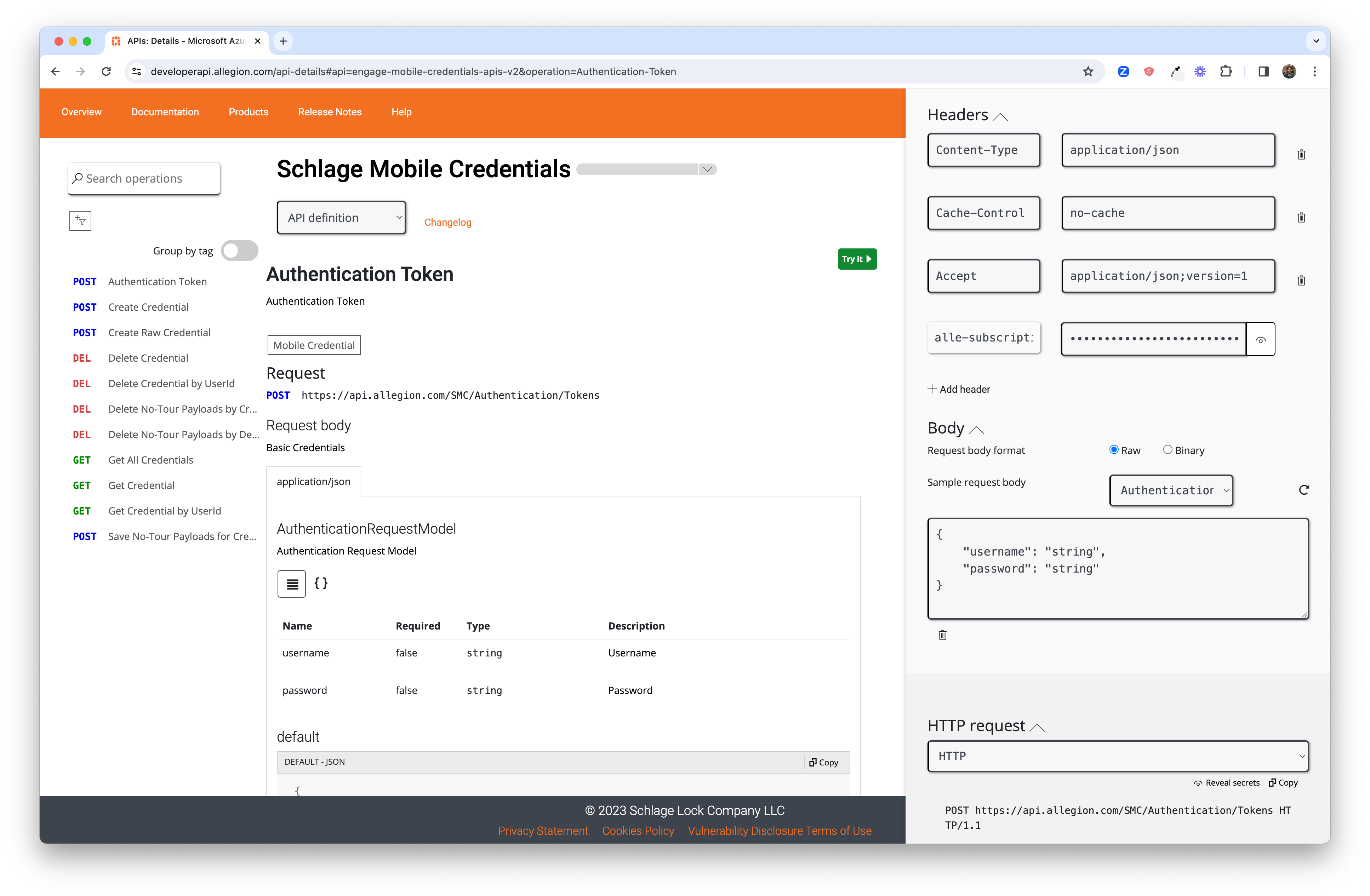 Schlage Mobile Credential Authentication Token API Request