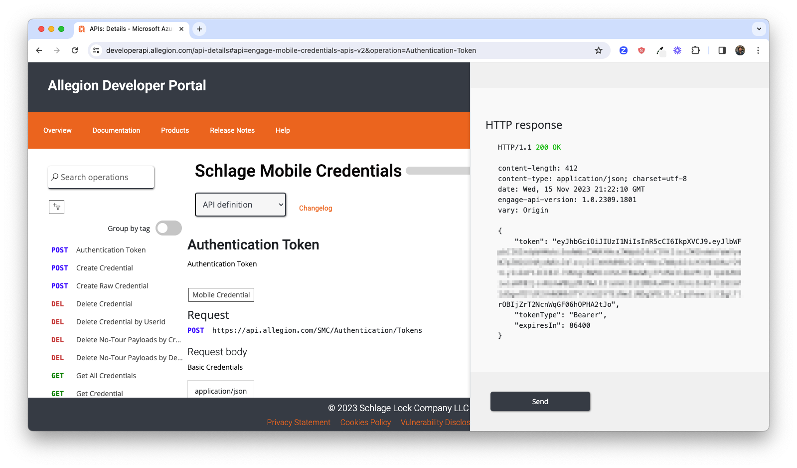 Schlage Mobile Credential Authentication Token API Response